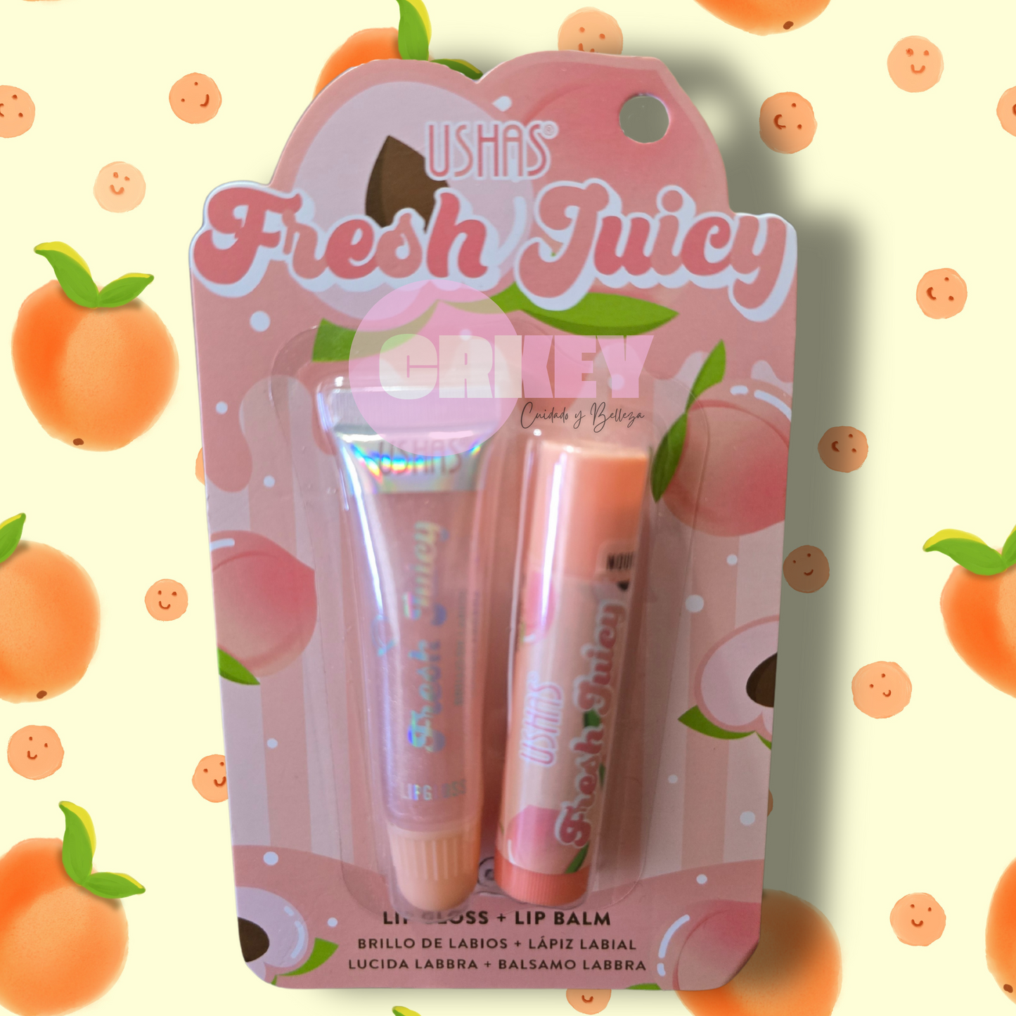 Fresh Juicy, Lip Gloss + Balsamo, sabores Frutilla, Durazno, Sandía