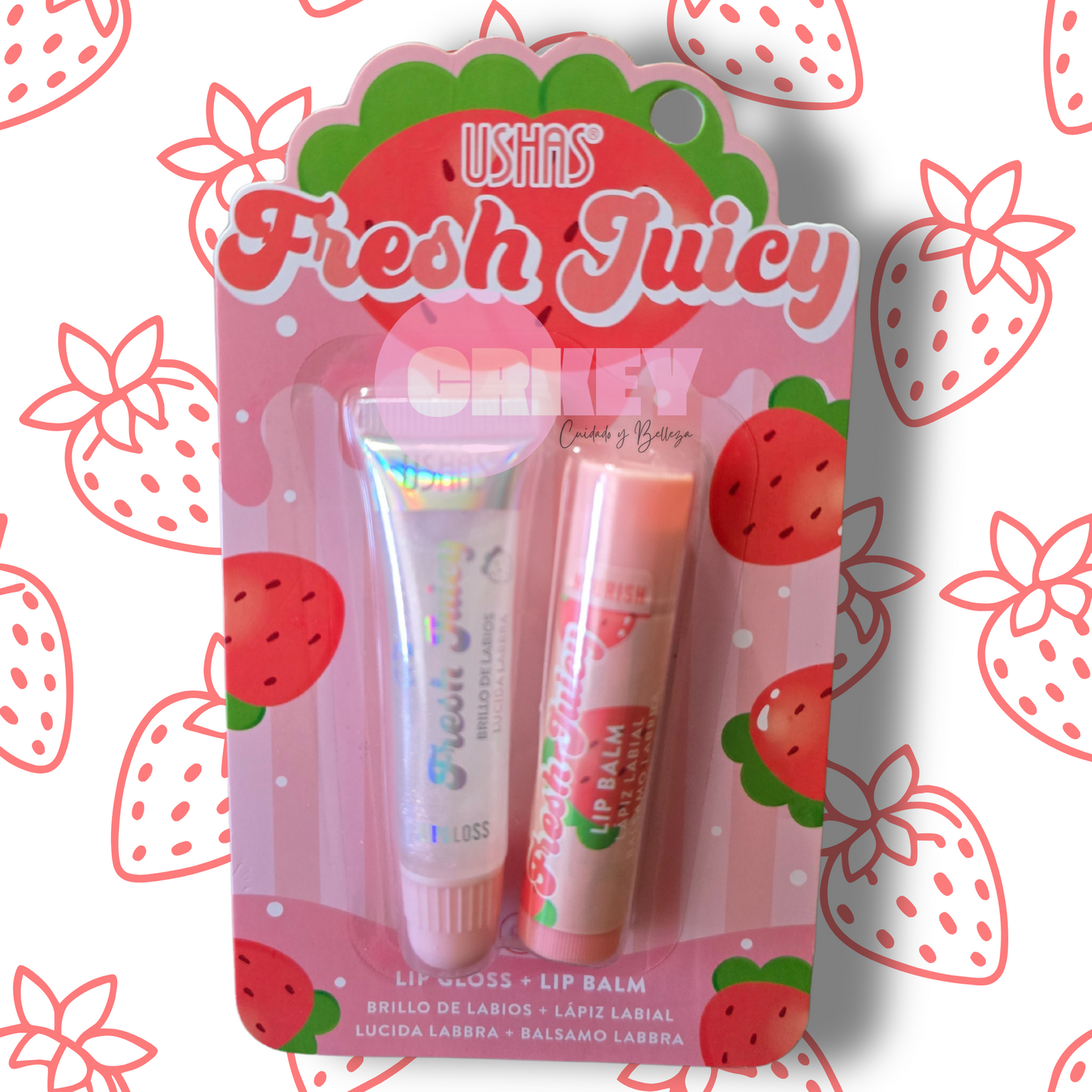 Fresh Juicy, Lip Gloss + Balsamo, sabores Frutilla, Durazno, Sandía