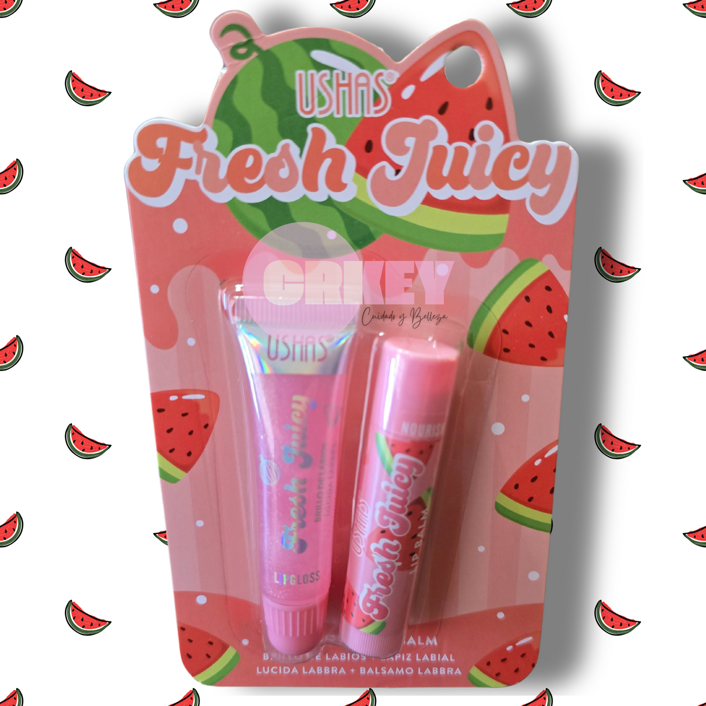 Fresh Juicy, Lip Gloss + Balsamo, sabores Frutilla, Durazno, Sandía