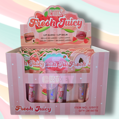 Fresh Juicy, Lip Gloss + Balsamo, sabores Frutilla, Durazno, Sandía