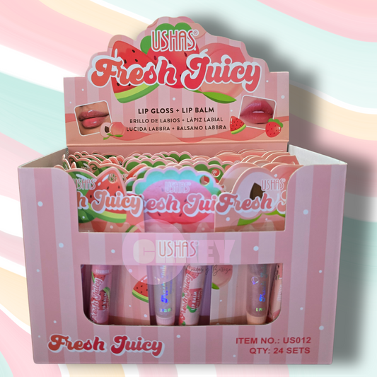Fresh Juicy, Lip Gloss + Balsamo, sabores Frutilla, Durazno, Sandía